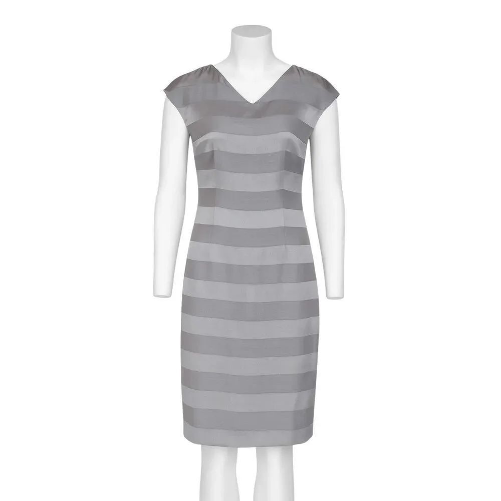 René Lezard Gray Striped Sheath Dress Women’s Sz 4 Sleeveless V-Neck Cocktail